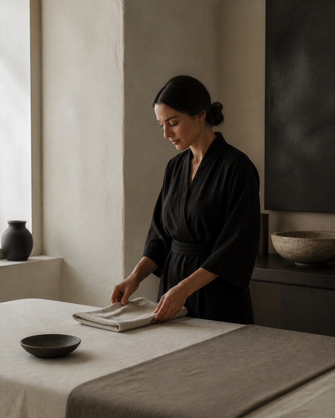 Esthetician preparing a quiet treatment space