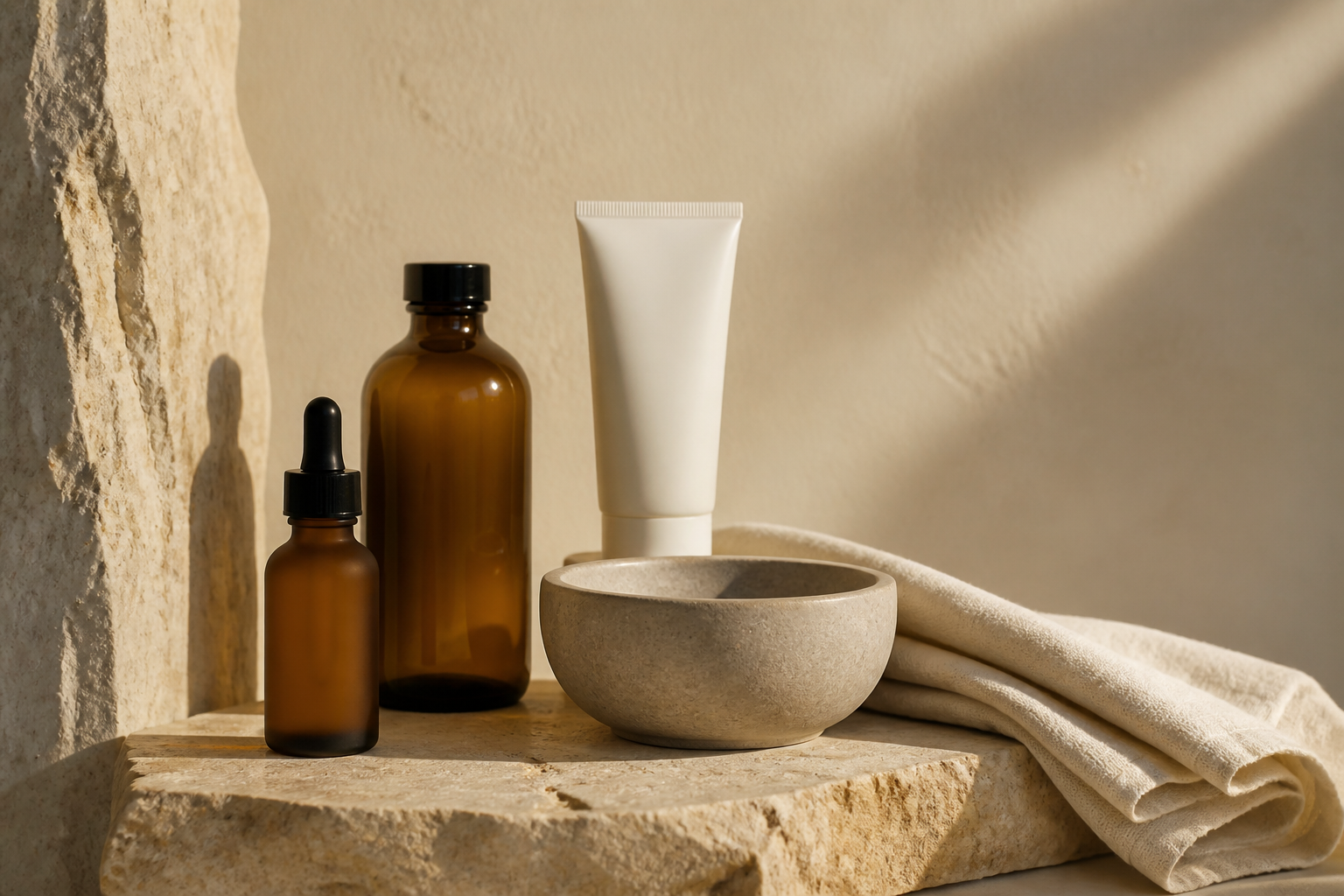 Unbranded professional skincare vessels in a warm, editorial setting